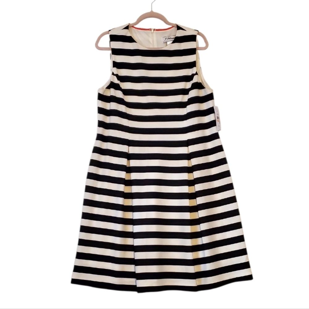 J. Howard Striped Black White Striped Pleated Lined‎ Dress Size 14 Women NWT
